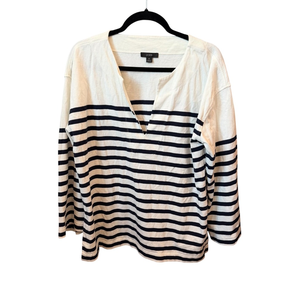 J.Crew Striped Top Womens White Navy Split V-Neck Nautical Coastal Small